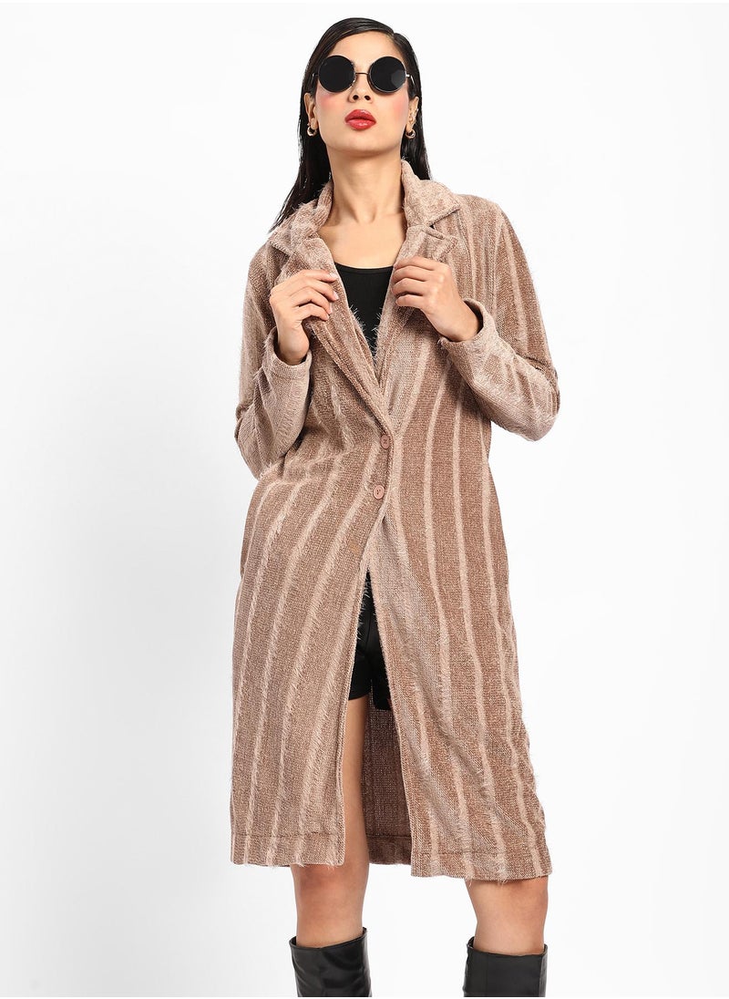 Campus Sutra Women's Ash Brown Single-Breasted Striped Long Coat  - Image 1