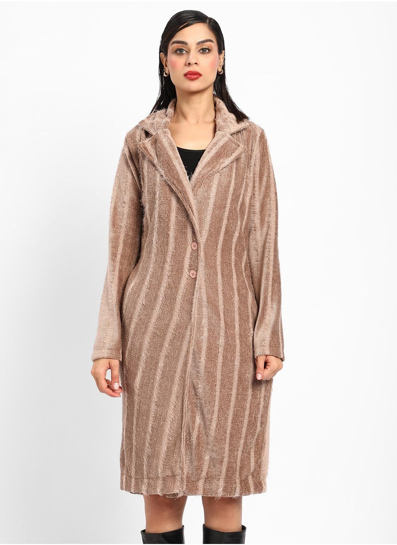 Campus Sutra Women's Ash Brown Single-Breasted Striped Long Coat  - Image 2