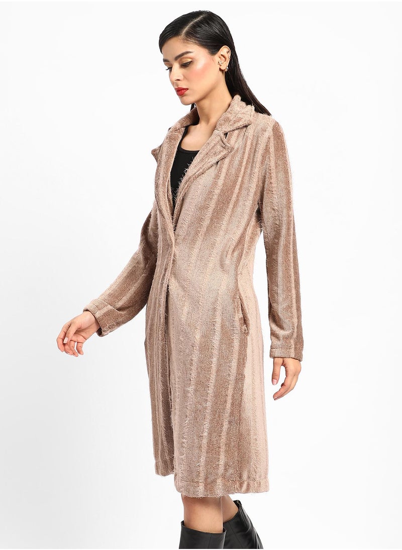 Campus Sutra Women's Ash Brown Single-Breasted Striped Long Coat  - Image 3