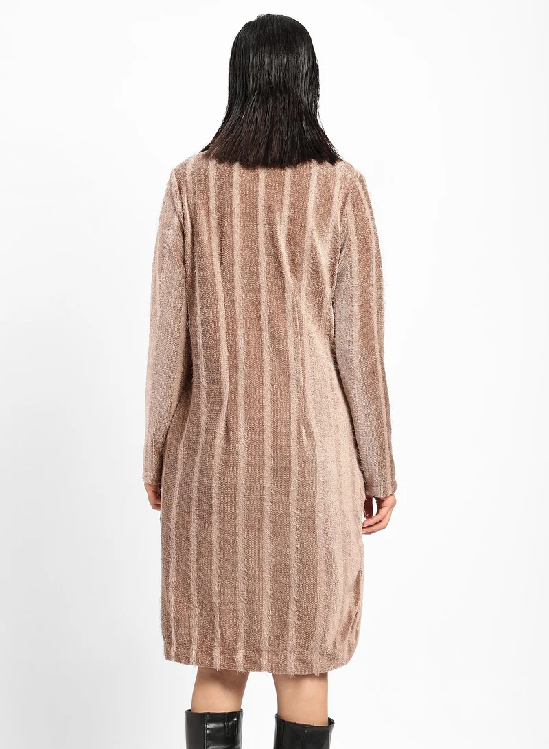 كامبوس سوترا Women's Ash Brown Single-Breasted Striped Long Coat