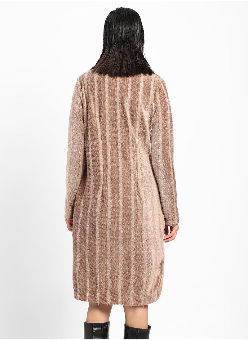 Campus Sutra Women's Ash Brown Single-Breasted Striped Long Coat  - Image 5