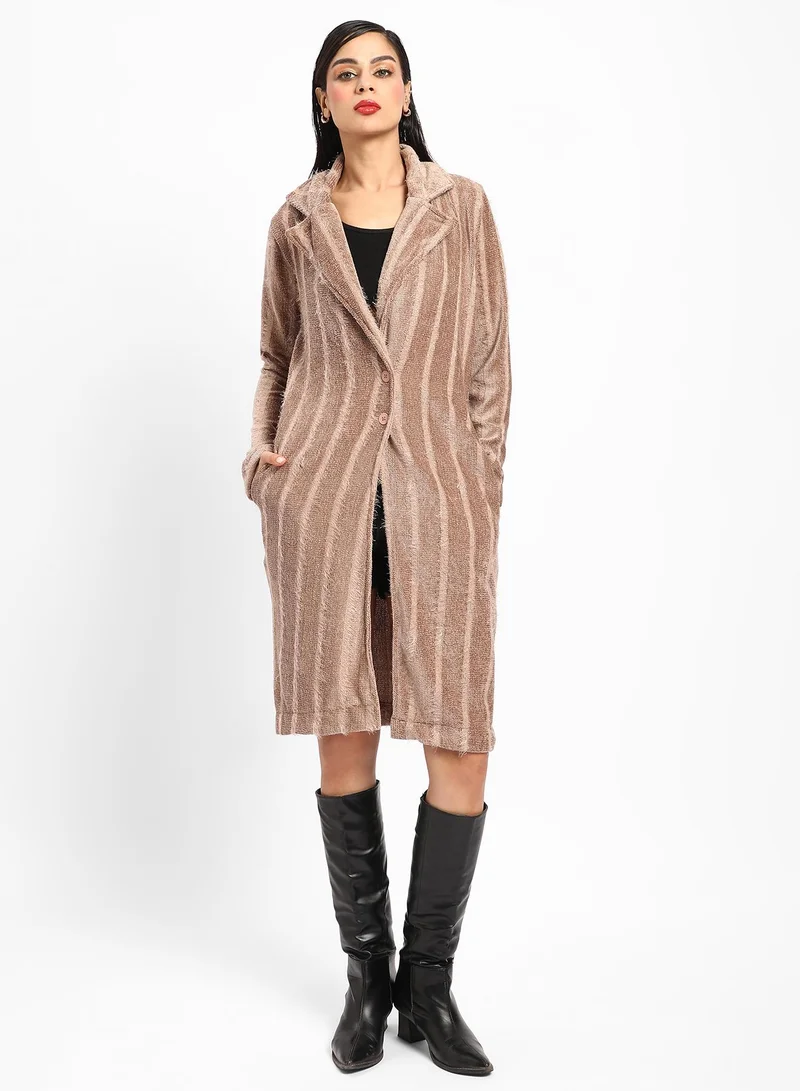كامبوس سوترا Women's Ash Brown Single-Breasted Striped Long Coat