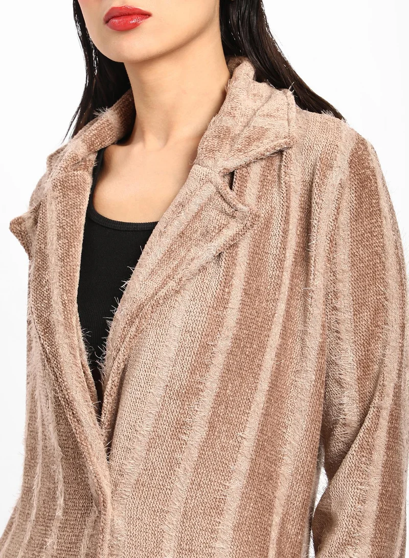 كامبوس سوترا Women's Ash Brown Single-Breasted Striped Long Coat
