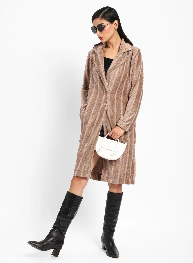 كامبوس سوترا Women's Ash Brown Single-Breasted Striped Long Coat