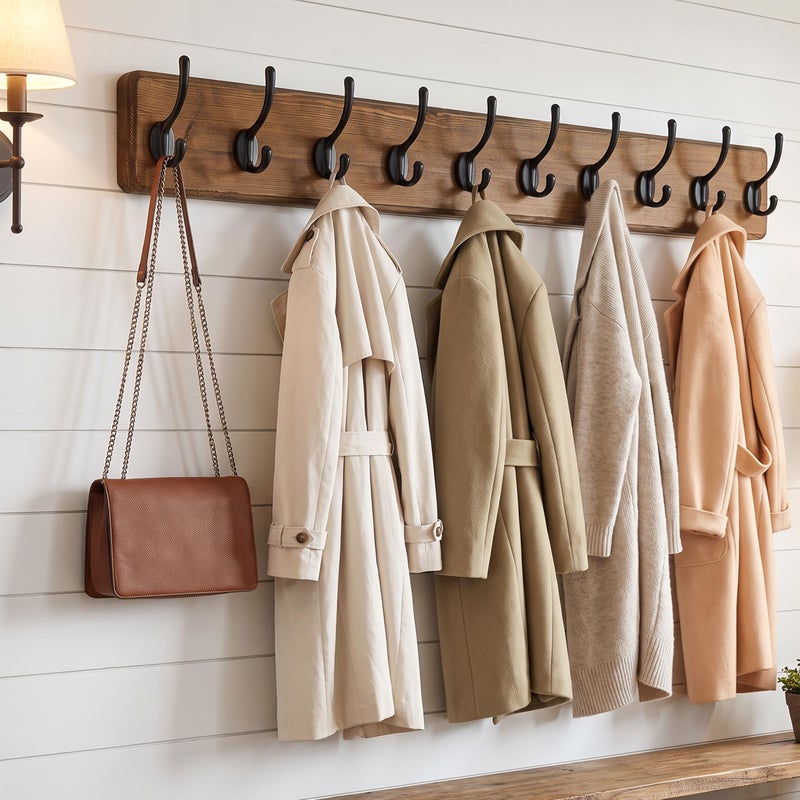 WEBI Wall Mounted Wooden Coat Rack, 10 Hooks, 38.6 inches Long Wall Hook, Solid Wood Bathroom Coat Rack for Coats Jacket, Brown - Image 2