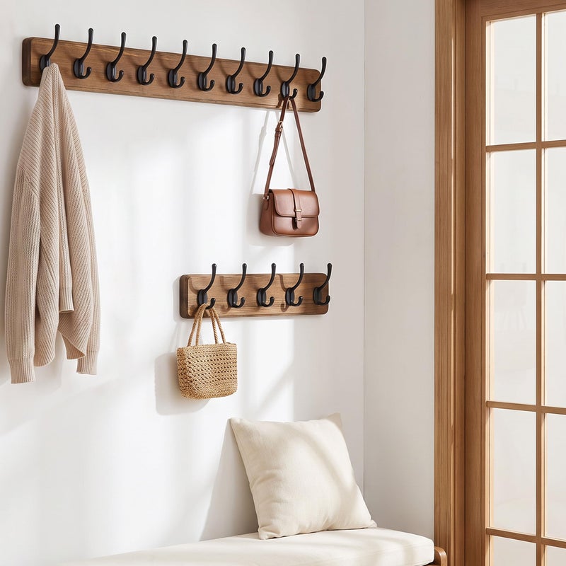 WEBI Wall Mounted Wooden Coat Rack, 10 Hooks, 38.6 inches Long Wall Hook, Solid Wood Bathroom Coat Rack for Coats Jacket, Brown - Image 5