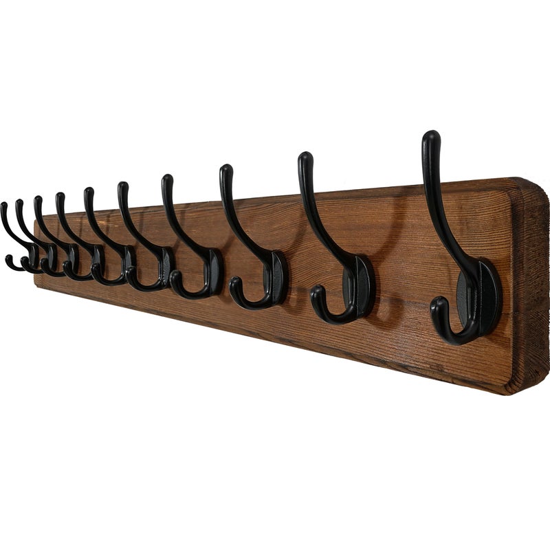 WEBI Wall Mounted Wooden Coat Rack, 10 Hooks, 38.6 inches Long Wall Hook, Solid Wood Bathroom Coat Rack for Coats Jacket, Brown - Image 1
