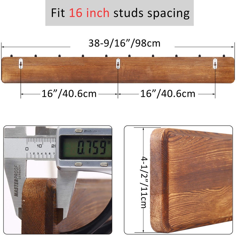 WEBI Wall Mounted Wooden Coat Rack, 10 Hooks, 38.6 inches Long Wall Hook, Solid Wood Bathroom Coat Rack for Coats Jacket, Brown - Image 3