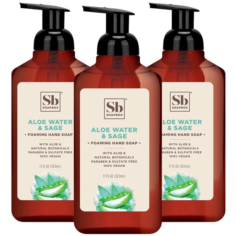 Soapbox Foaming Hand Soap Aloe Water  Sage 11oz Pump Bottles 3 Pack Cruelty Free Vegan Moisturizing Foaming Hand Wash for Kitchen  Bathroom