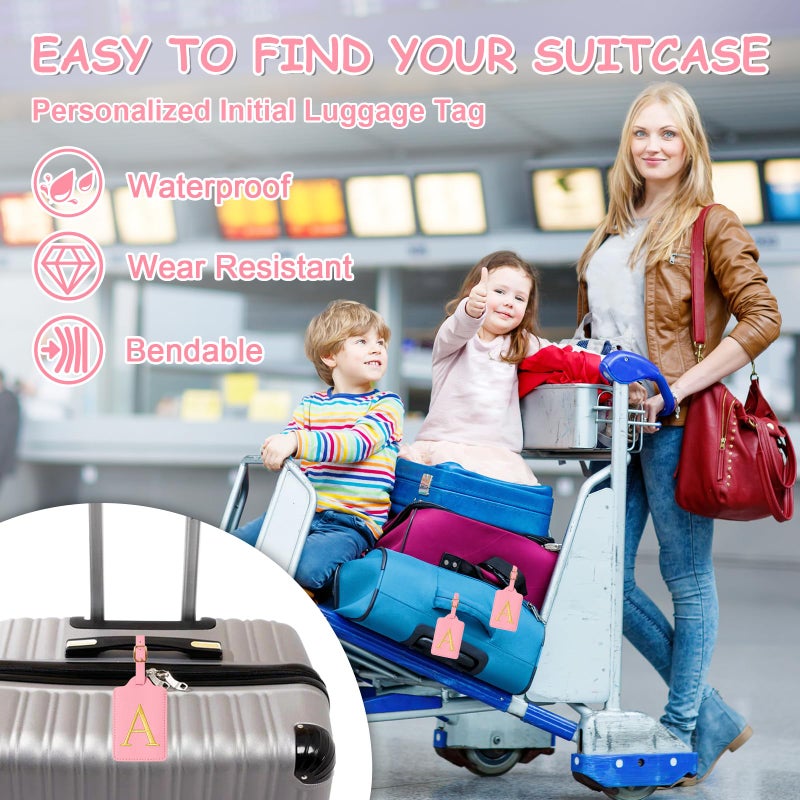 Iqimott Initial Luggage Tags for Suitcases, Cute Embroidered Letter Luggage Bag Suitcase Identifier Name Baggage Tag, PU Leather Travel Luggage Tags, Bag Tags for Men Women Kids Luggage Handbags(Pink A) - Image 4