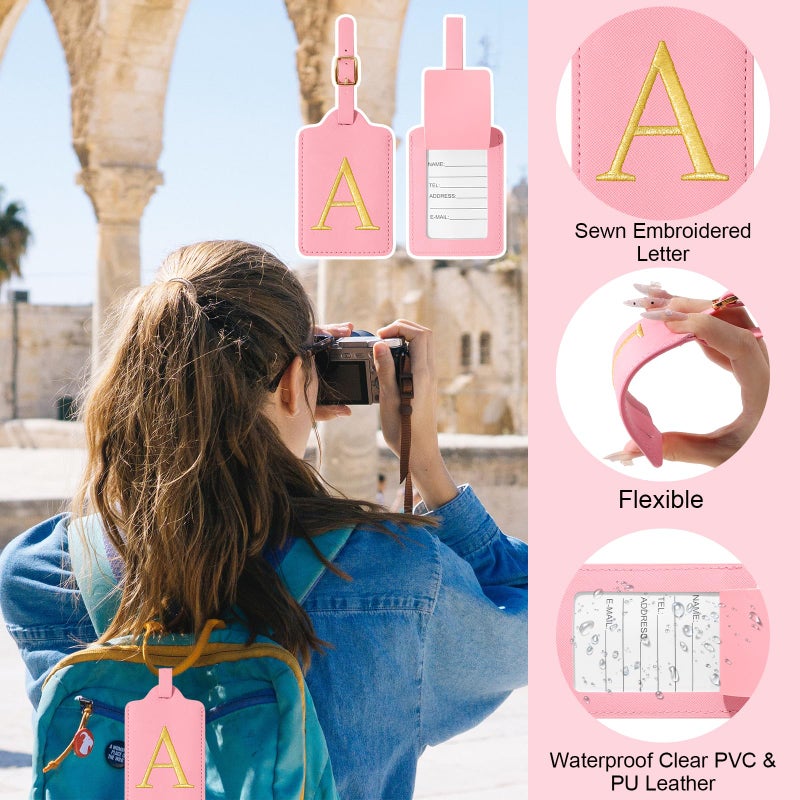 Iqimott Initial Luggage Tags for Suitcases, Cute Embroidered Letter Luggage Bag Suitcase Identifier Name Baggage Tag, PU Leather Travel Luggage Tags, Bag Tags for Men Women Kids Luggage Handbags(Pink A) - Image 5