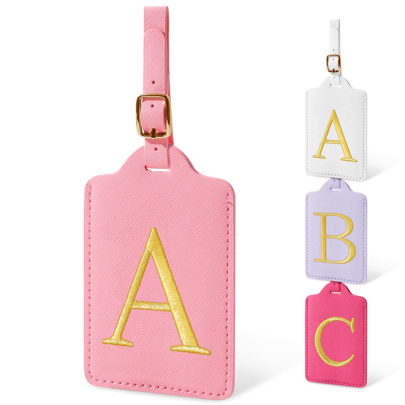 Iqimott Initial Luggage Tags for Suitcases, Cute Embroidered Letter Luggage Bag Suitcase Identifier Name Baggage Tag, PU Leather Travel Luggage Tags, Bag Tags for Men Women Kids Luggage Handbags(Pink A) - Image 1