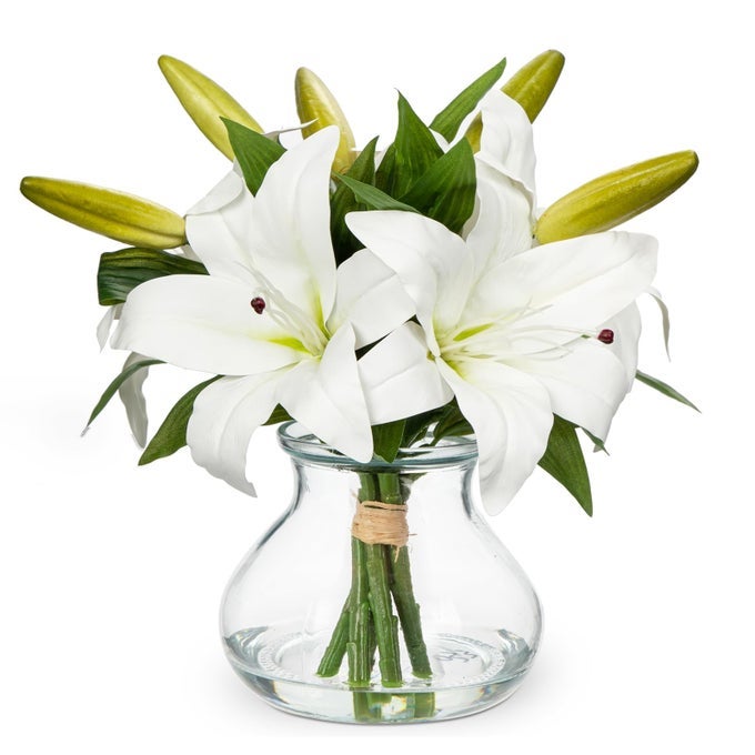 ARTIFICIAL FLOWERS TIGER LILY REAL TOUCH WITH VASE EASTER LILY WHITE LILIES SILK FAUX FLOWERS ARRANGEMENTS IN GLASS VASE WITH FAUX WATER EASTER DECOR FAKE FLORAL BULK BOUQUET FOR OFFICE HOME DECOR