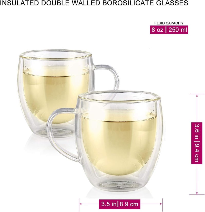 Ash  Roh Ash & Roh 250ml Heat Resistant Double Walled Glass Coffee Cups, Crystal Clear Insulated Mugs with Handle for Tea, Latte, Cappuccino (Pack of 6) - Image 2