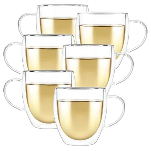 Ash  Roh Ash & Roh 250ml Heat Resistant Double Walled Glass Coffee Cups, Crystal Clear Insulated Mugs with Handle for Tea, Latte, Cappuccino (Pack of 6) - Image 1