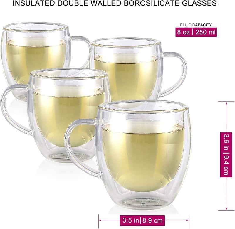 Ash  Roh Ash & Roh 250ml Heat Resistant Double Walled Glass Coffee Cups, Crystal Clear Insulated Mugs with Handle for Tea, Latte, Cappuccino (Pack of 6) - Image 5