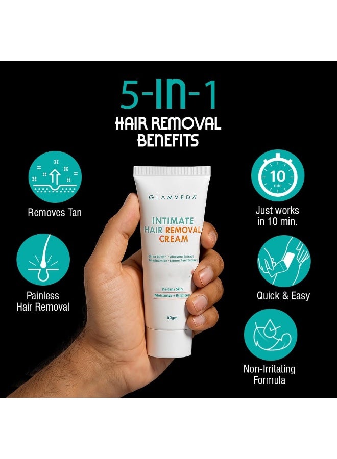 Glamveda Intimate Hair Removal Cream for Men 60g | Painless, Faster, Soothing | Brighten, Non Irritating | For Sensitive Body Areas | Body Hair Remover | All Skin Type - Image 2