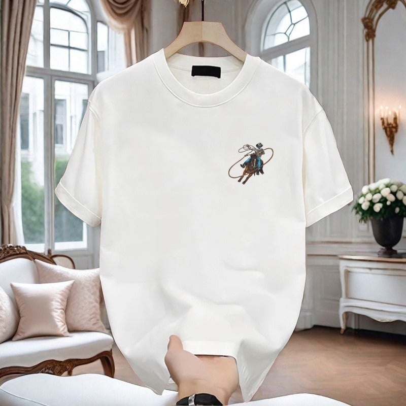 Generic 2025 Summer New Arrival All-Match Loose Round Neck Pure Cotton Fashion Horse Riding Letter Pullover Short-Sleeved T-Shirt for Men and Women 200g* white (combed cotton)