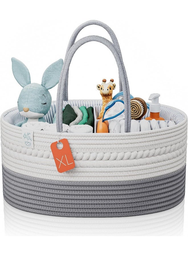 KiddyCare KiddyCare Woven Diaper Caddy Organizer, Large Gray Multi Functional Portable Baby Basket with Handle, Baby Gift for Boy/Girl Nursery Storage, Organization, and Modern Car Diaper Caddy Gray X-Large  - Image 1