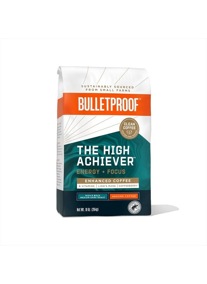 The High Achiever Ground Coffee, 10 Ounces, Medium-Dark Roast Enhanced Coffee with Lion's Mane Mushroom, B Vitamins, and Adaptogens for Energy and Focus