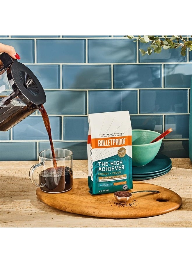 The High Achiever Ground Coffee, 10 Ounces, Medium-Dark Roast Enhanced Coffee with Lion's Mane Mushroom, B Vitamins, and Adaptogens for Energy and Focus
