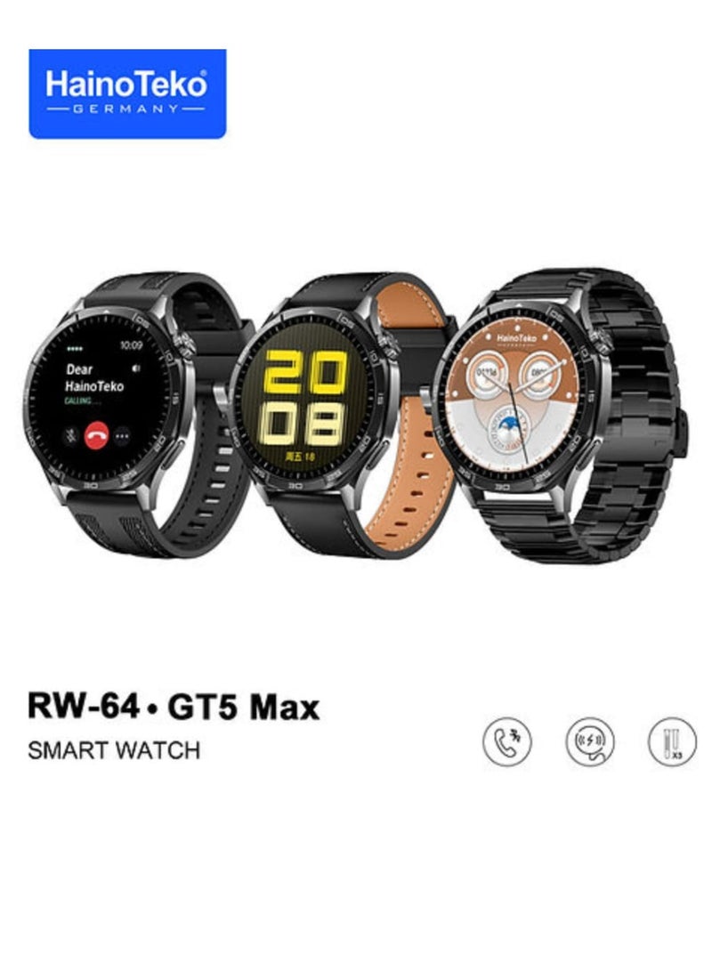 Haino Teko Smart Watch GT5 Max Round Screen AMOLED Display with 3 Pair Straps and Wireless Charger Black - Image 1