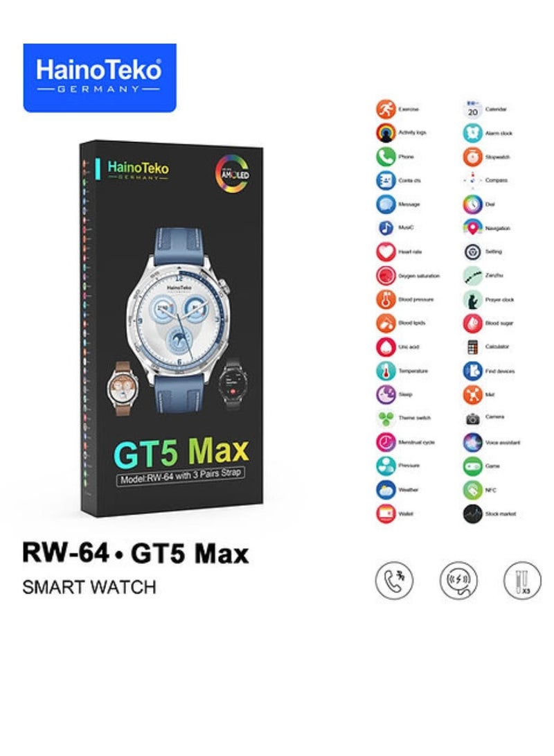 Haino Teko Smart Watch GT5 Max Round Screen AMOLED Display with 3 Pair Straps and Wireless Charger Black - Image 2