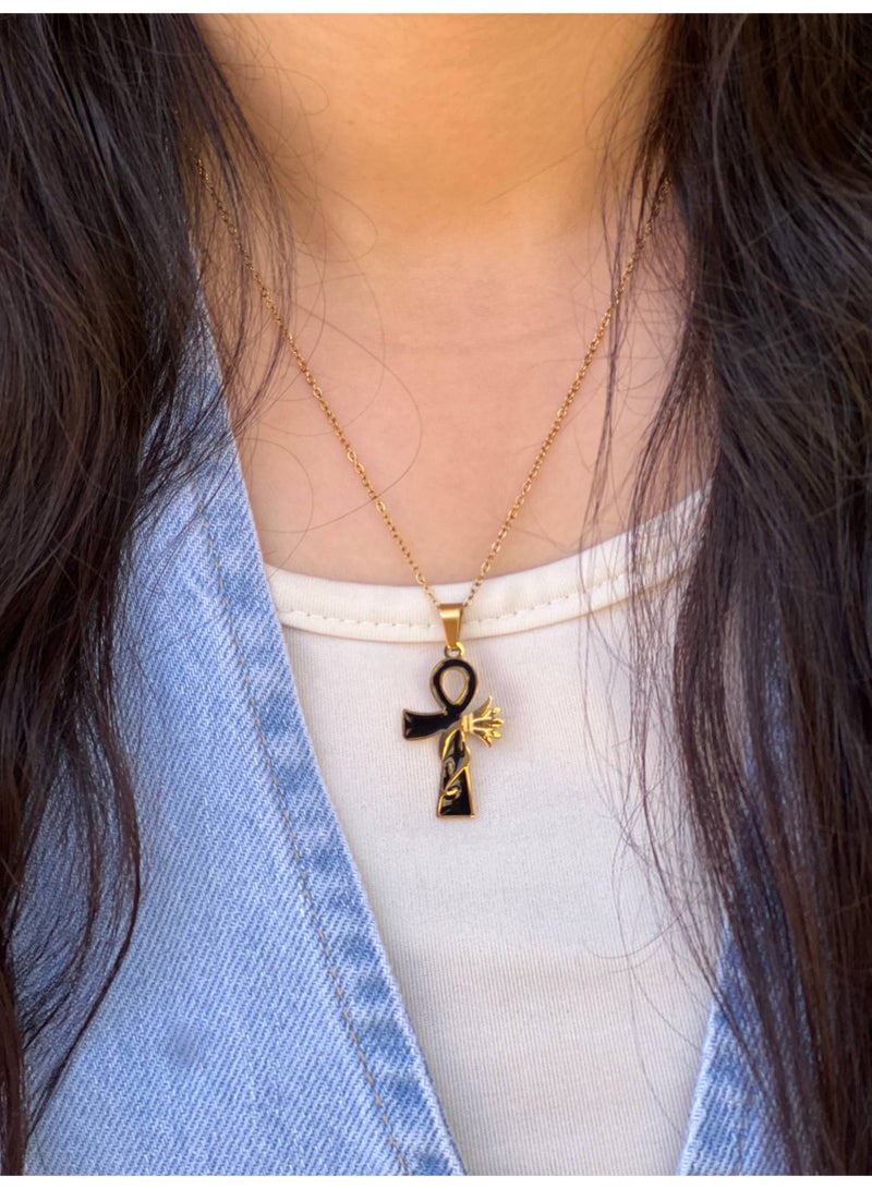 قلادة مفتاح الحياة (عنخ) بالمينا السوداء من الاستانلس ستيل 316 المقاوم للماء - Image 2