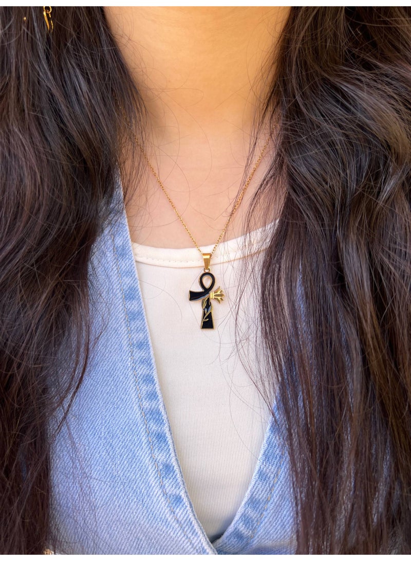 قلادة مفتاح الحياة (عنخ) بالمينا السوداء من الاستانلس ستيل 316 المقاوم للماء - Image 1