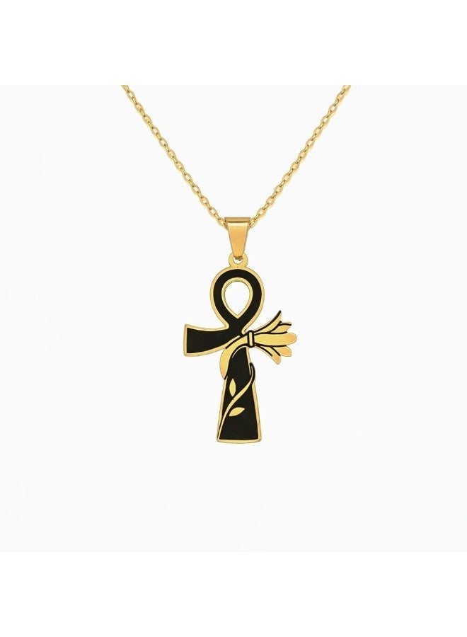 Shein Waterproof 316 Stainless Steel Ankh Pendant Necklace with Black Enamel - Image 1