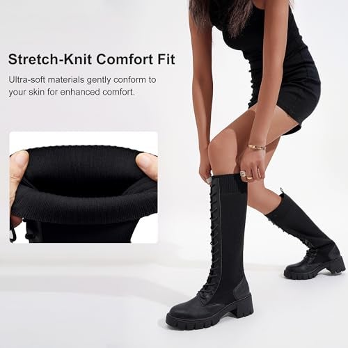 Vepose Women's Black Lace Platform Combat Knee High Boots with Comfort 953 Chunky Heel Size 8 (CJY953 Black 08) - Image 3