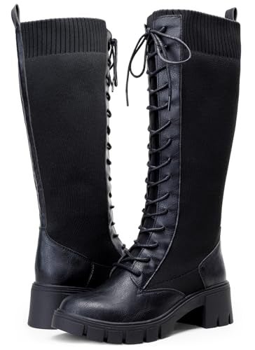 Vepose Women's Black Lace Platform Combat Knee High Boots with Comfort 953 Chunky Heel Size 8 (CJY953 Black 08) - Image 1