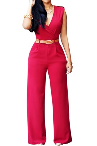 Pink Queen Women's Casual V Neck Long Pants Club Jumpsuits Rompers L Red - Image 1