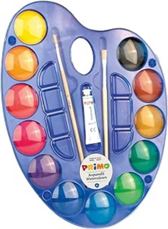 Morocolor primo, children's watercolors in tablet, 12 colors watercolors palette, 25 mm high pigmentation watercolor pads, bright and shiny colors, made in italy