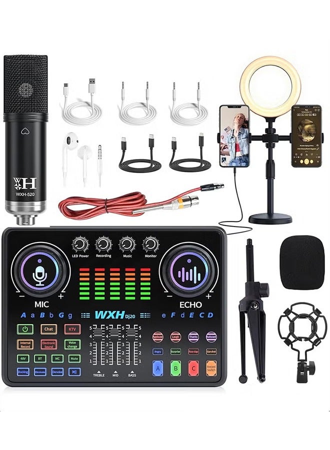 Sound Card Microphone Podcast Package,Live Broadcast Equipment with Ring Light/Recording Studio for Live Streaming/Suitable for Podcasting/Live Broadcasting/Singing/PC/Mobile/TikTok/YouTube