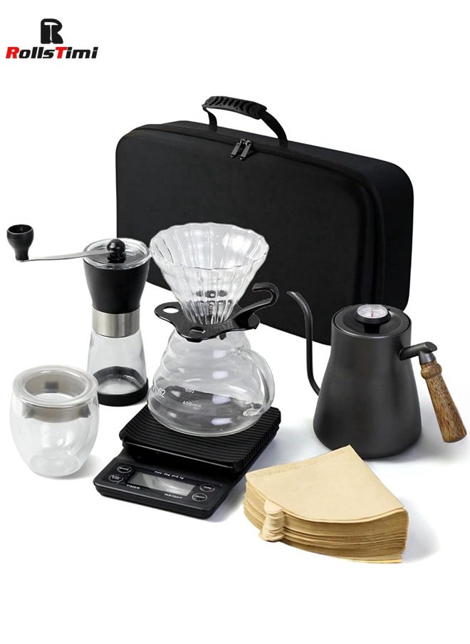 RollsTimi  Pour Over Coffee Maker 7 Piece with Portable Carry Case, Coffee Kettle with Thermometer, Drip Filter Coffee Share Pot,Filters,Coffee Scale,Double wall Mug,Manual Coffee Grinders  - Image 1