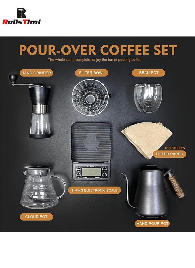 RollsTimi  Pour Over Coffee Maker 7 Piece with Portable Carry Case, Coffee Kettle with Thermometer, Drip Filter Coffee Share Pot,Filters,Coffee Scale,Double wall Mug,Manual Coffee Grinders  - Image 2