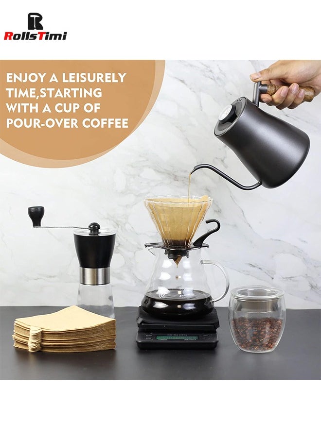 RollsTimi  Pour Over Coffee Maker 7 Piece with Portable Carry Case, Coffee Kettle with Thermometer, Drip Filter Coffee Share Pot,Filters,Coffee Scale,Double wall Mug,Manual Coffee Grinders  - Image 3