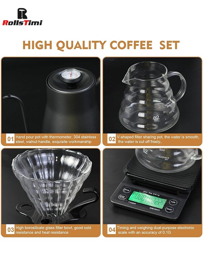 RollsTimi  Pour Over Coffee Maker 7 Piece with Portable Carry Case, Coffee Kettle with Thermometer, Drip Filter Coffee Share Pot,Filters,Coffee Scale,Double wall Mug,Manual Coffee Grinders  - Image 4