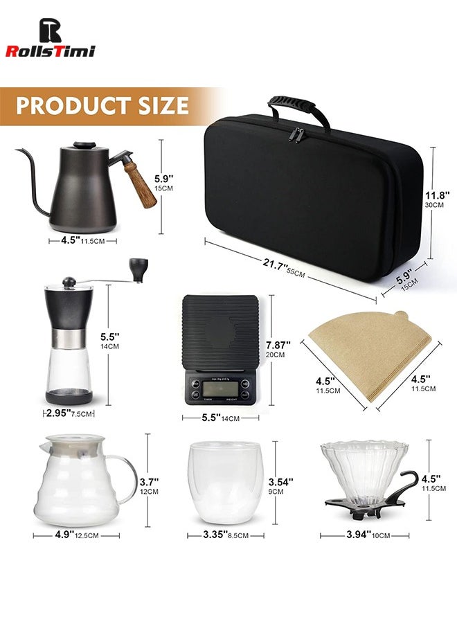 RollsTimi  Pour Over Coffee Maker 7 Piece with Portable Carry Case, Coffee Kettle with Thermometer, Drip Filter Coffee Share Pot,Filters,Coffee Scale,Double wall Mug,Manual Coffee Grinders  - Image 5