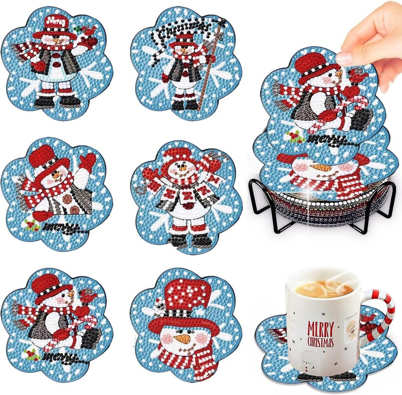 Meothan 6 Pcs Diamond Art Coasters Kits with Holder Christmas Snowman Diamond Painting Coasters Kits for Adults Beginners 5D Diamond Coasters with Cork Pads Gem Art Dots Paintings Crafts Supplies - Image 2