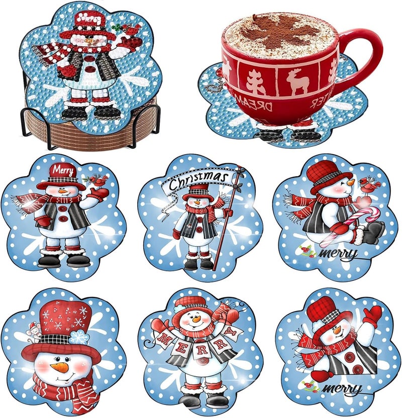 Meothan 6 Pcs Diamond Art Coasters Kits with Holder Christmas Snowman Diamond Painting Coasters Kits for Adults Beginners 5D Diamond Coasters with Cork Pads Gem Art Dots Paintings Crafts Supplies - Image 1