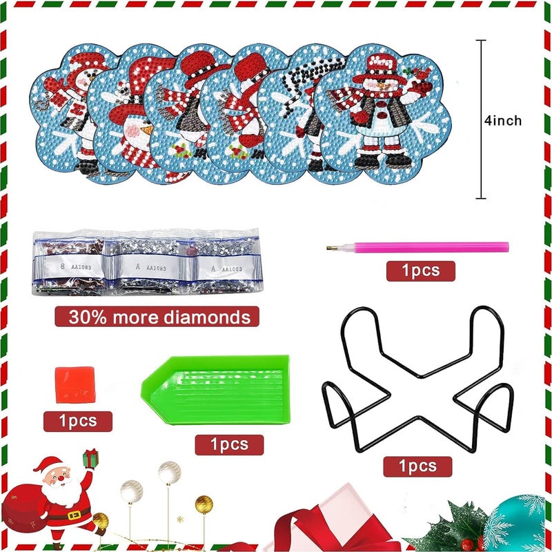Meothan 6 Pcs Diamond Art Coasters Kits with Holder Christmas Snowman Diamond Painting Coasters Kits for Adults Beginners 5D Diamond Coasters with Cork Pads Gem Art Dots Paintings Crafts Supplies - Image 3