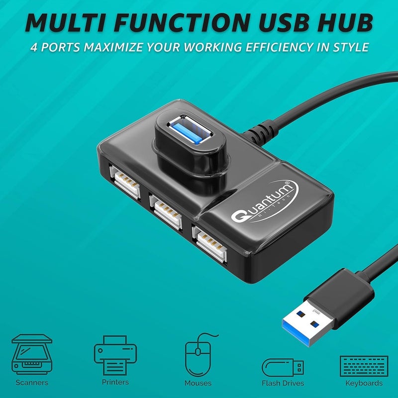 Quantum Renewed - 4 Port USB Hub 1 Port 3.0 & 3 Port 2.0 with High Speed Data Transfer  Plug Play Usage Compatible with Laptop PC and Other USB-A Devices Black - Image 5