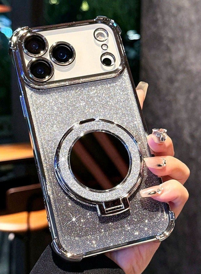 حافظة مغناطيسية لامعة لهاتف iPhone 17 Pro، واقي عدسة الكاميرا اللامع، حامل لامع، مرآة مكياج، تدعم الشحن اللاسلكي، غطاء iPhone 17 Pro فاخر ومقاوم للصدمات، أسود - Image 2