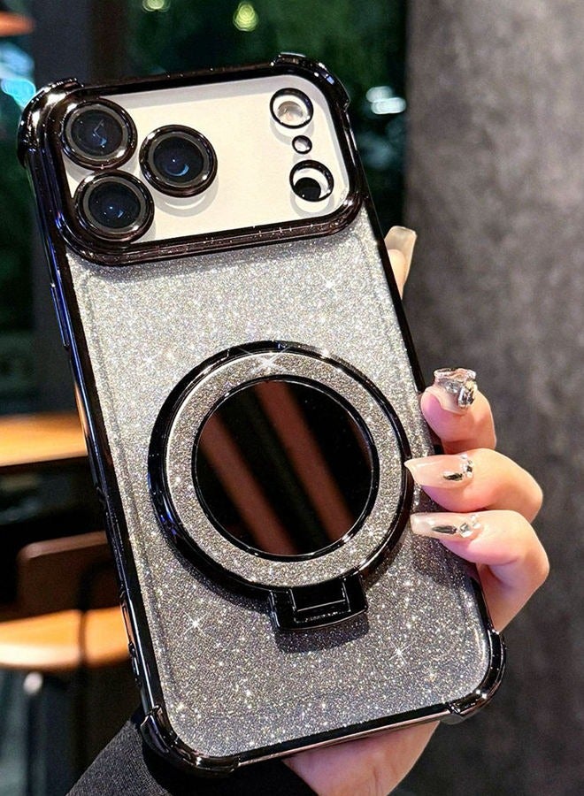 حافظة مغناطيسية لامعة لهاتف iPhone 17 Pro، واقي عدسة الكاميرا اللامع، حامل لامع، مرآة مكياج، تدعم الشحن اللاسلكي، غطاء iPhone 17 Pro فاخر ومقاوم للصدمات، أسود - Image 1