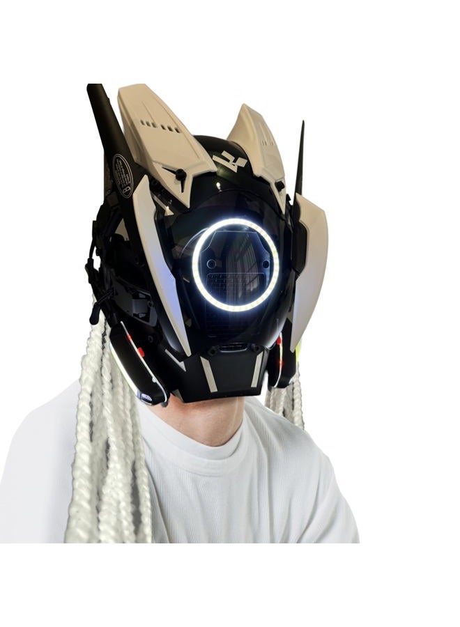 QAONIE Cyberpunk Mask Halloween Cosplay LED Mask, Party Gift, Men's Costume Masks, Daft Punk Helmet, Cool Mask Futuristic Mask for Adults White Hair - Image 2