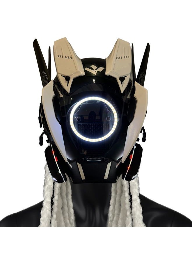 QAONIE Cyberpunk Mask Halloween Cosplay LED Mask, Party Gift, Men's Costume Masks, Daft Punk Helmet, Cool Mask Futuristic Mask for Adults White Hair - Image 1
