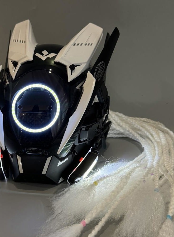 QAONIE Cyberpunk Mask Halloween Cosplay LED Mask, Party Gift, Men's Costume Masks, Daft Punk Helmet, Cool Mask Futuristic Mask for Adults White Hair - Image 4