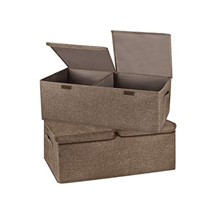 Valease 2 Pack Storage Boxes with Lids and Handles, Collapsible Linen Storage Bins Organizer Containers Baskets Cube with Removable Divider for Home Bedroom Closet Office (Coffee, Small)